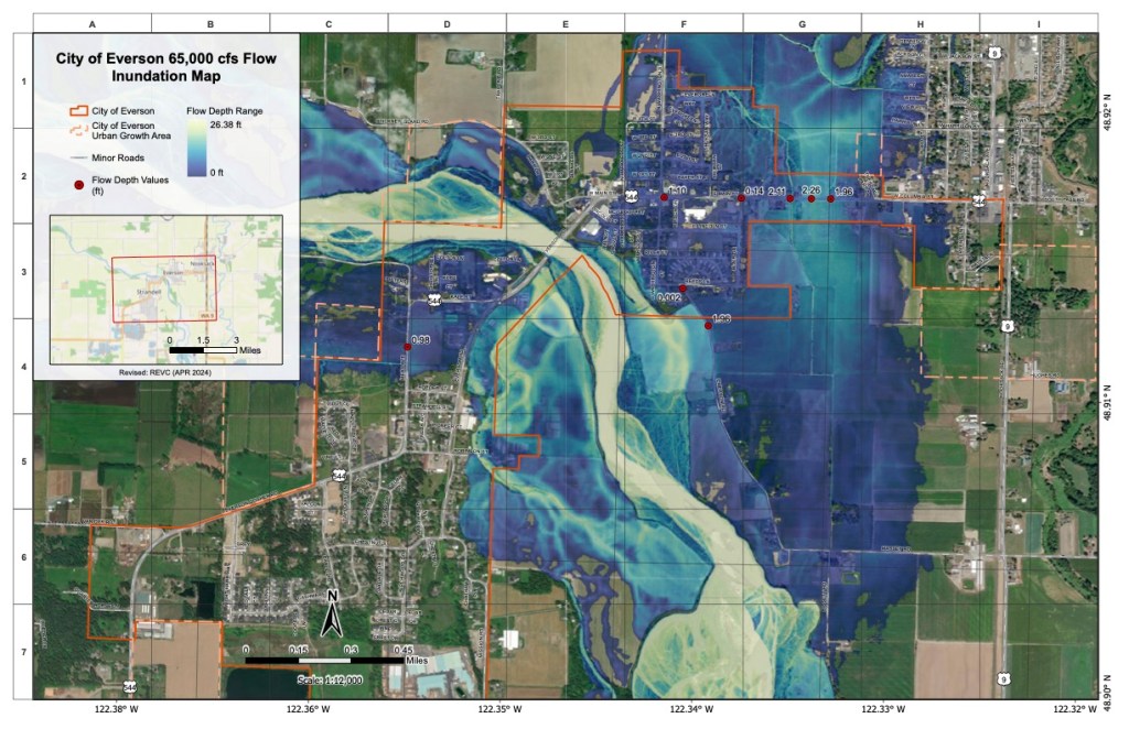 Satellite map of town and river with flooding shown in blue.