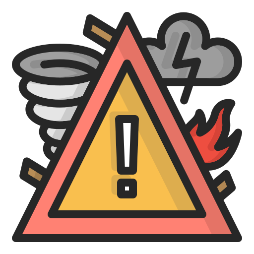 A graphic showing an exclamation point inside a triangle as an alert sign. Sticking out from the sides are a cyclone or hurricane, gray cloud and lightning bolt, and flames.